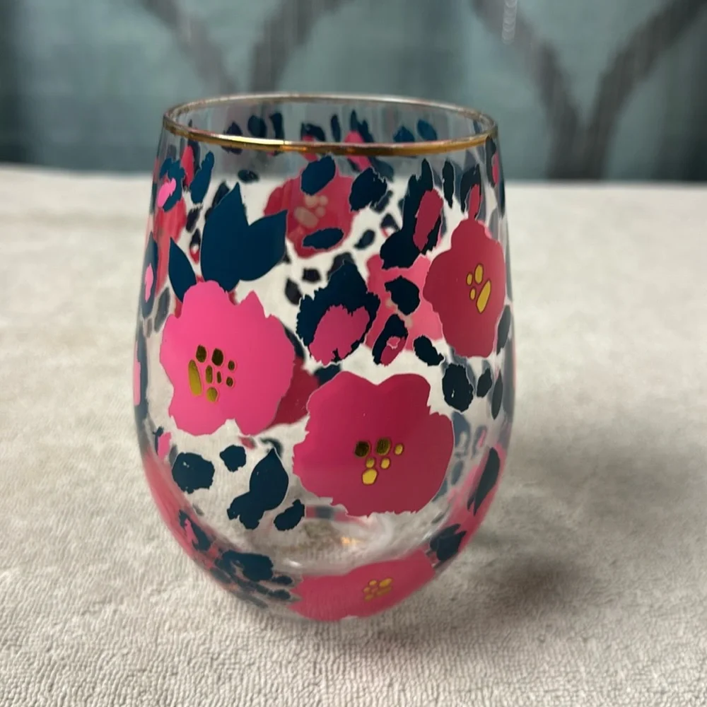 Mary Square Stemless Wineglass Pink Flowers Gold Rim 16oz